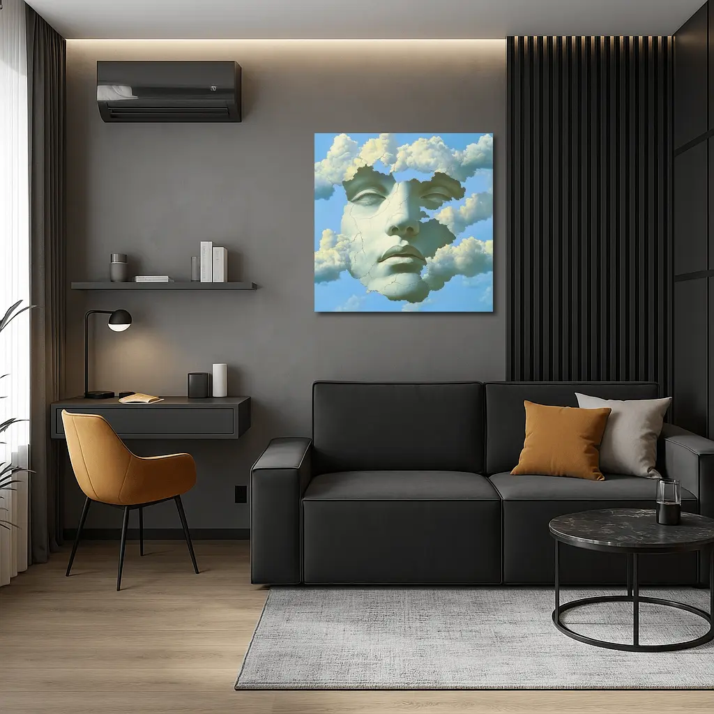 Cracked Stone Face Merging With Clouds Sky – Wall Art
