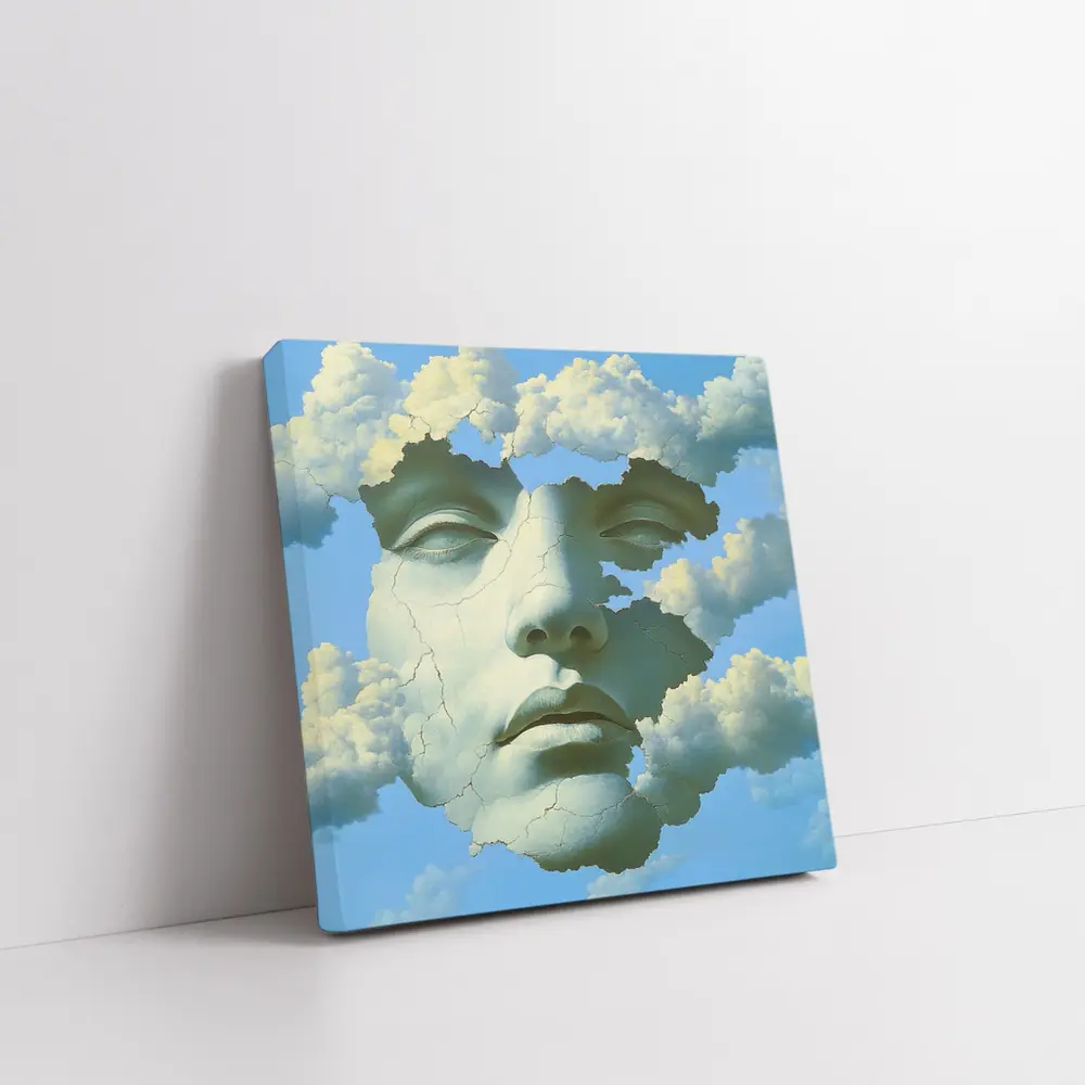 Cracked Stone Face Merging With Clouds Sky – Wall Art