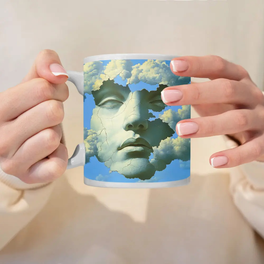 Cracked Stone Face Merging With Clouds Sky – Mugs