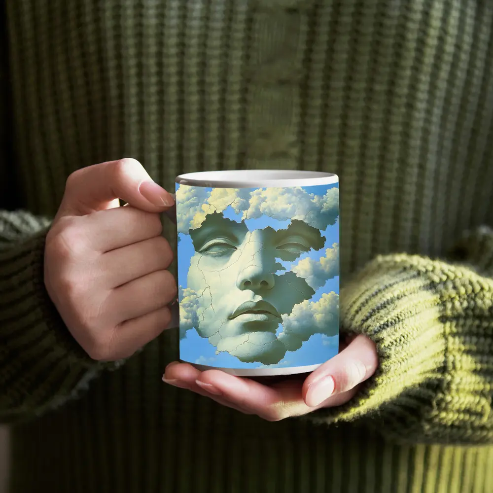 Cracked Stone Face Merging With Clouds Sky – Mugs