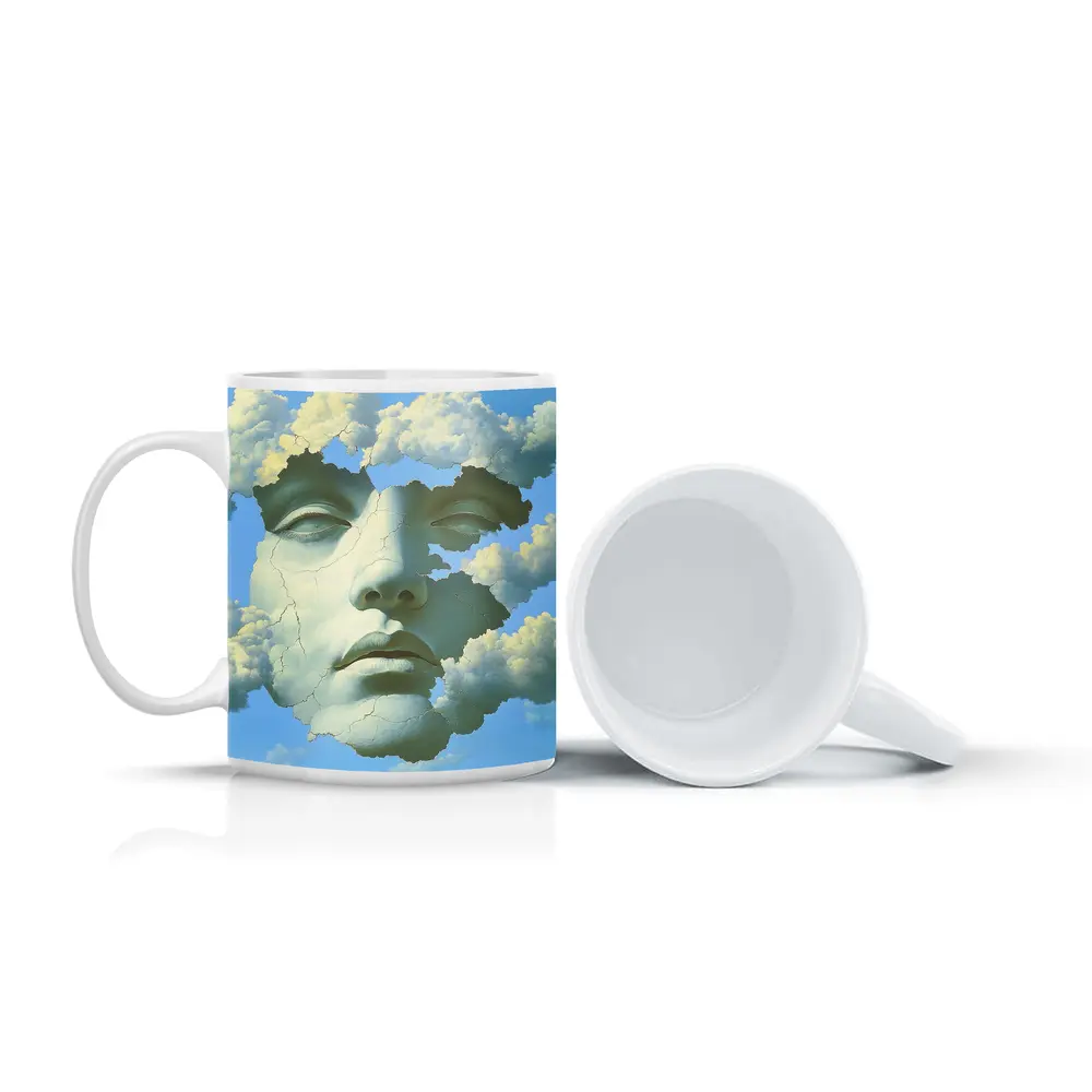 Cracked Stone Face Merging With Clouds Sky – Mugs