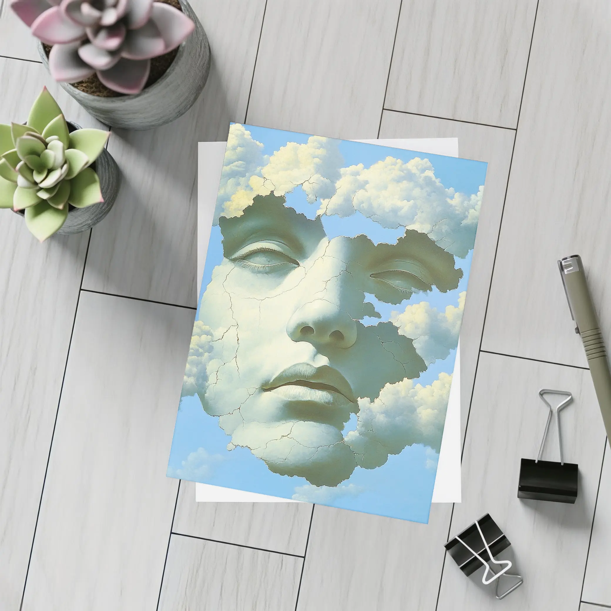 Cracked Stone Face Merging With Clouds Sky – Postcards