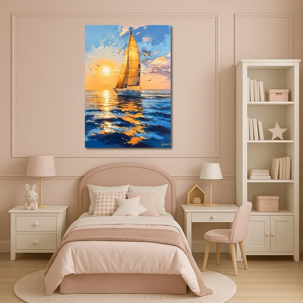 Sailboat Golden Sunset Ocean Gouache Painting – Wall Art