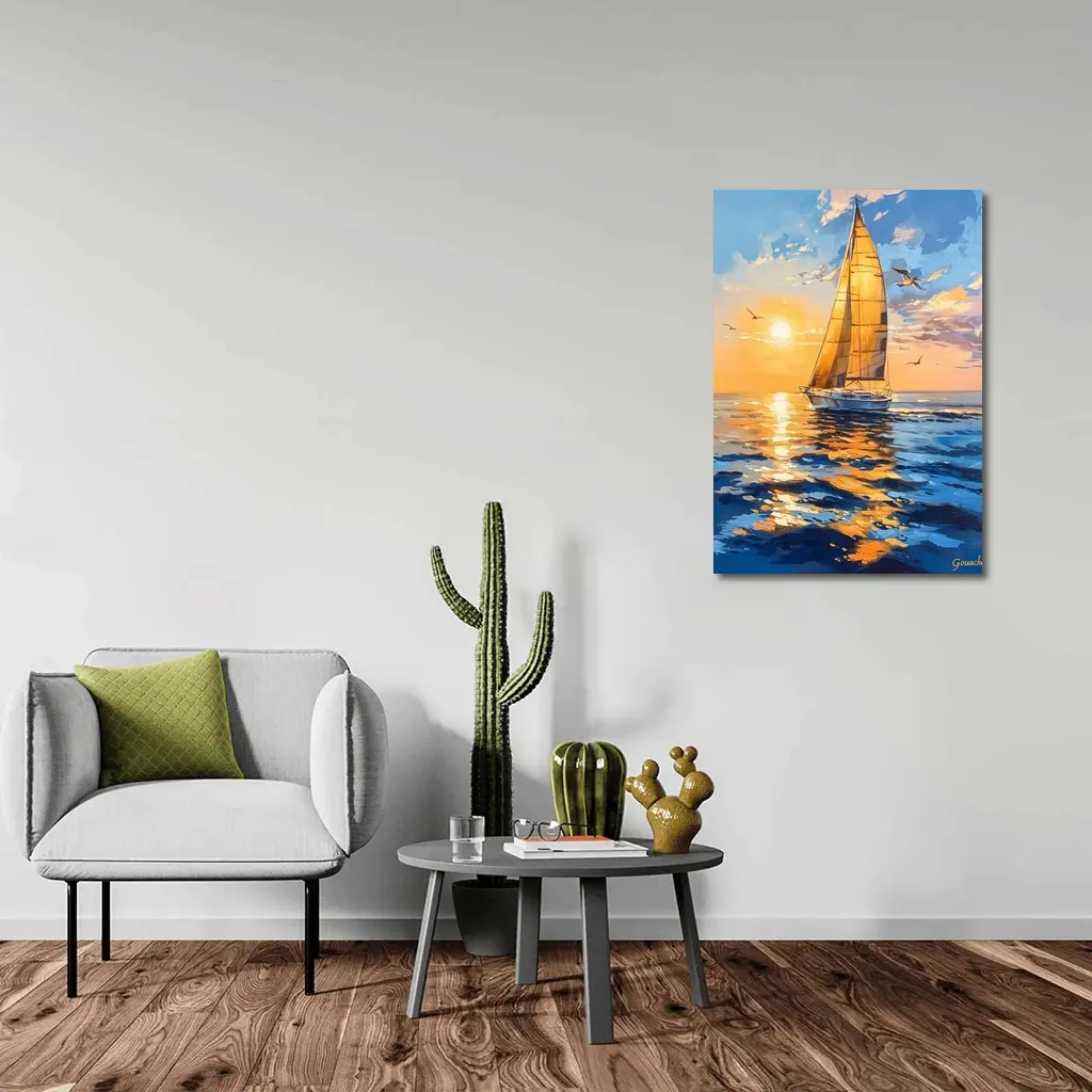 Sailboat Golden Sunset Ocean Gouache Painting – Wall Art