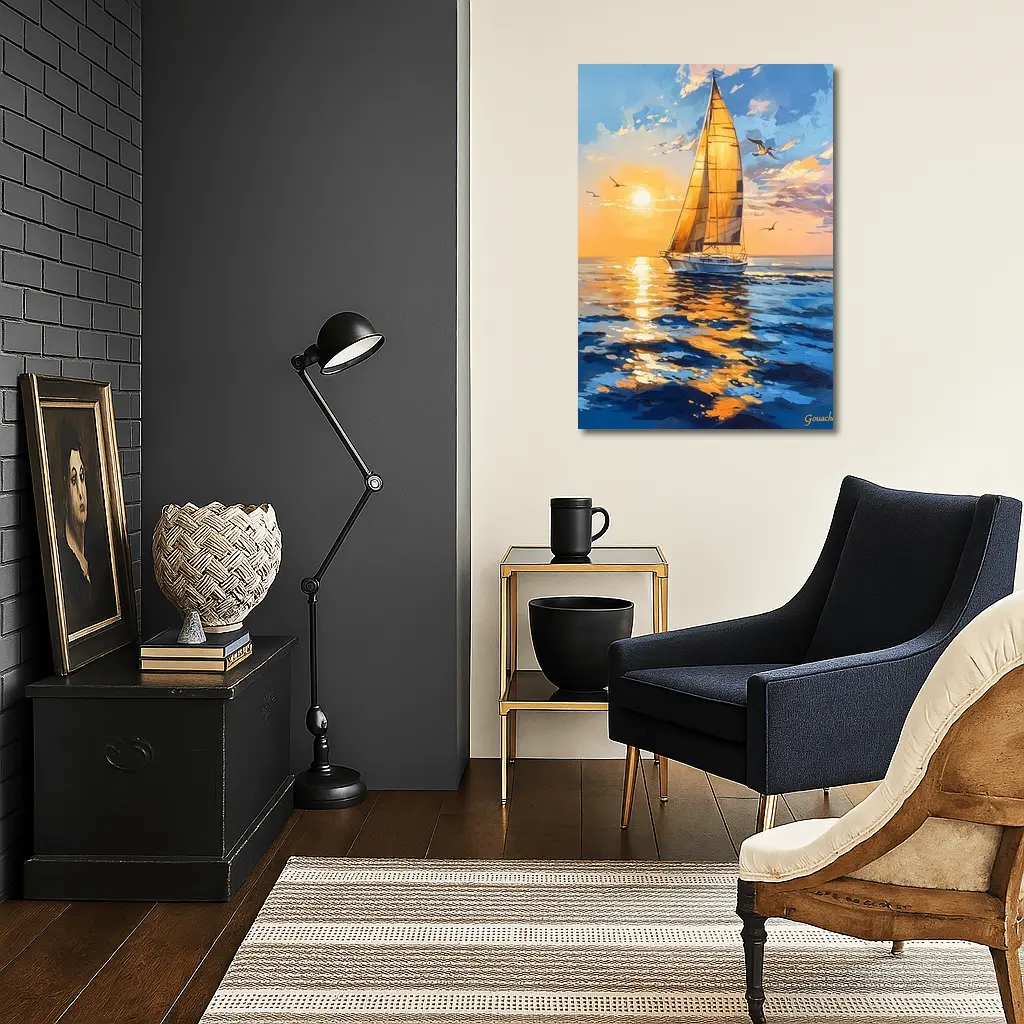 Sailboat Golden Sunset Ocean Gouache Painting – Wall Art