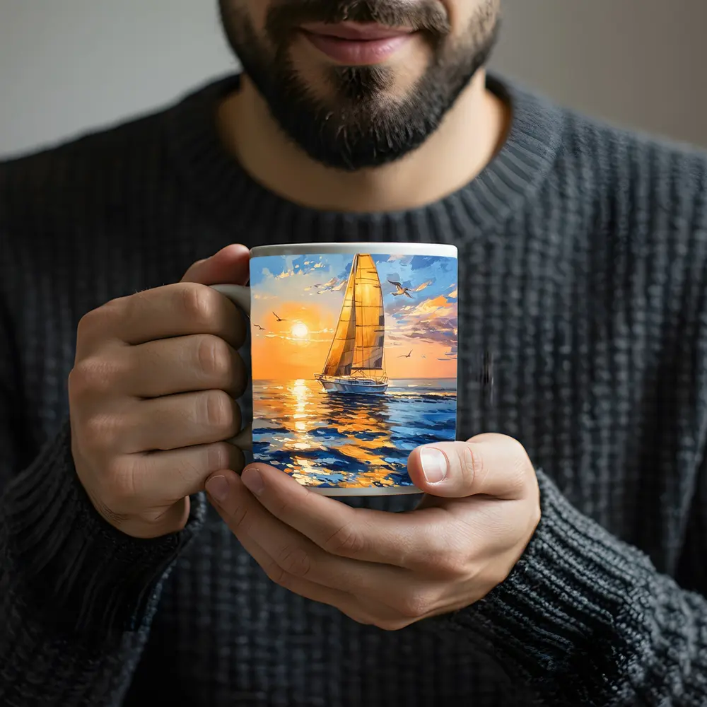 Sailboat Golden Sunset Ocean Gouache Painting – Mugs