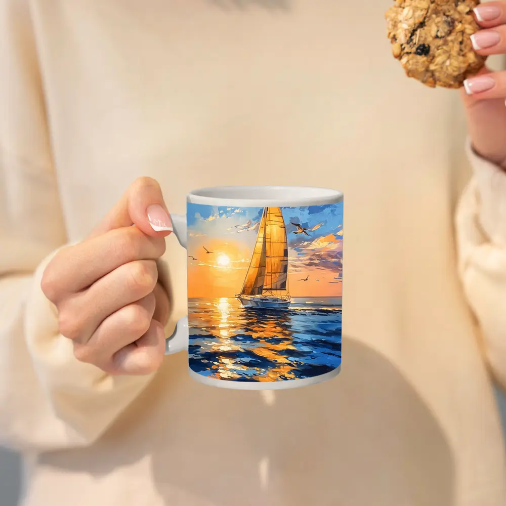 Sailboat Golden Sunset Ocean Gouache Painting – Mugs