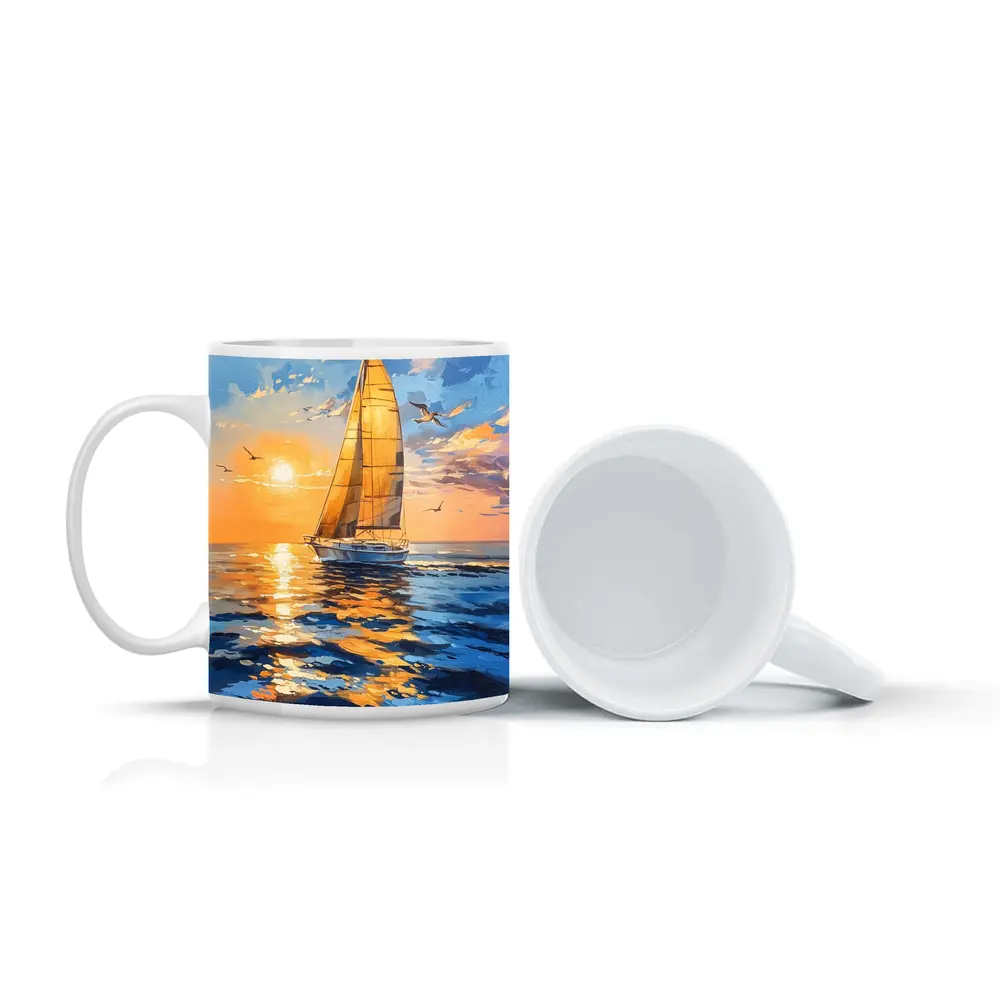Sailboat Golden Sunset Ocean Gouache Painting – Mugs