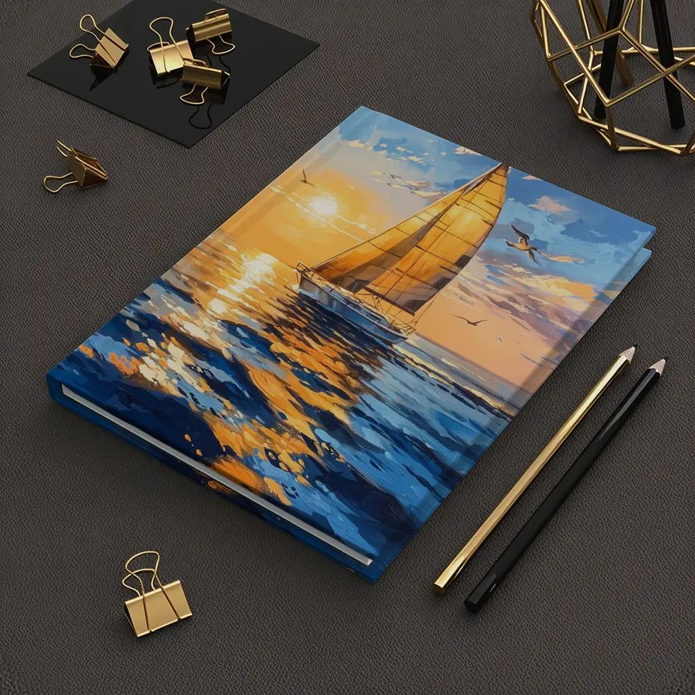 Sailboat Golden Sunset Ocean Gouache Painting – Notebooks