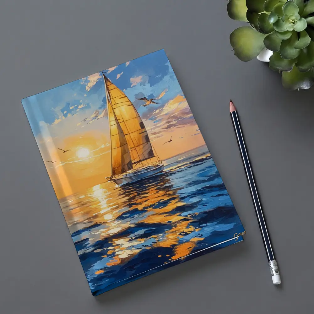 Sailboat Golden Sunset Ocean Gouache Painting – Notebooks