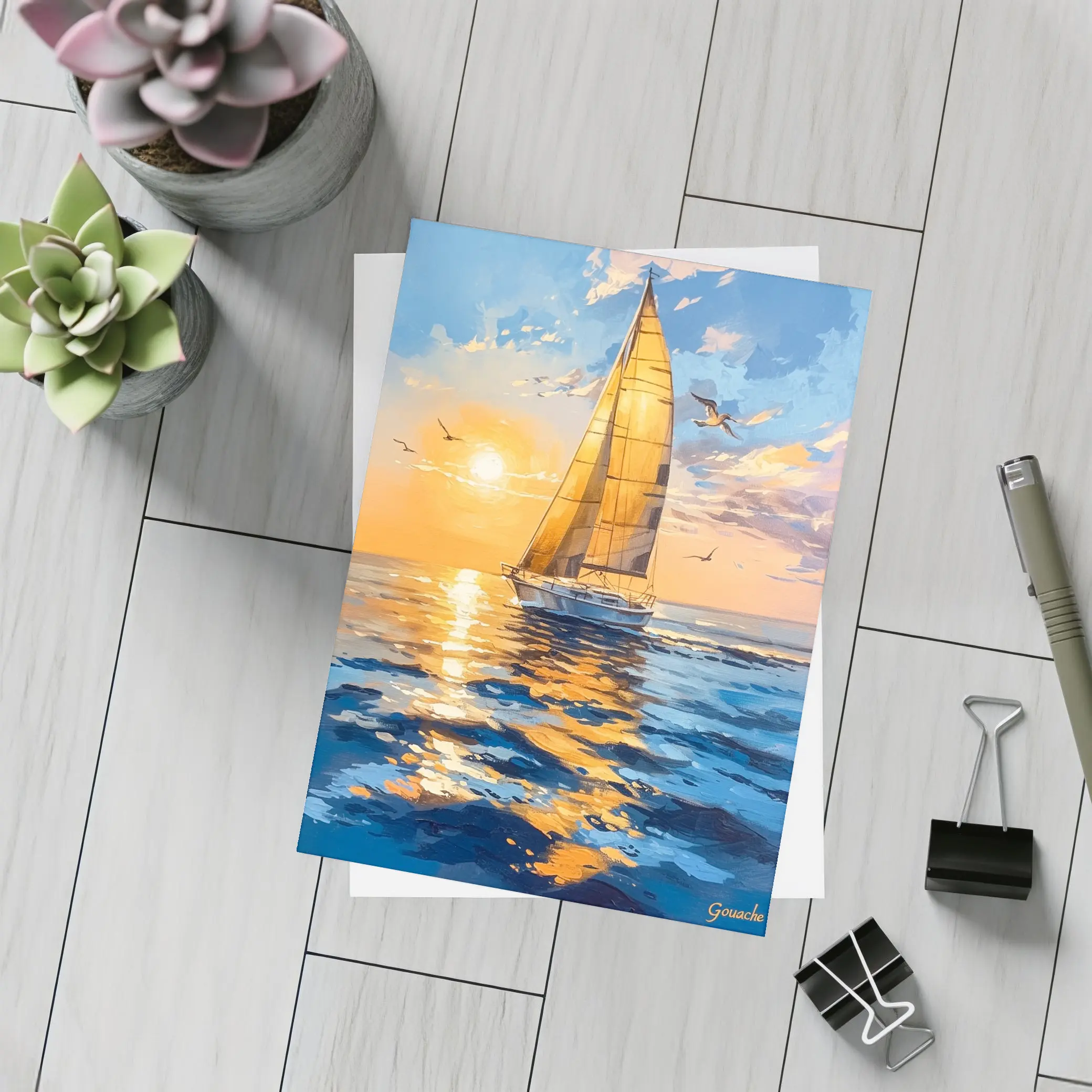Sailboat Golden Sunset Ocean Gouache Painting – Postcards