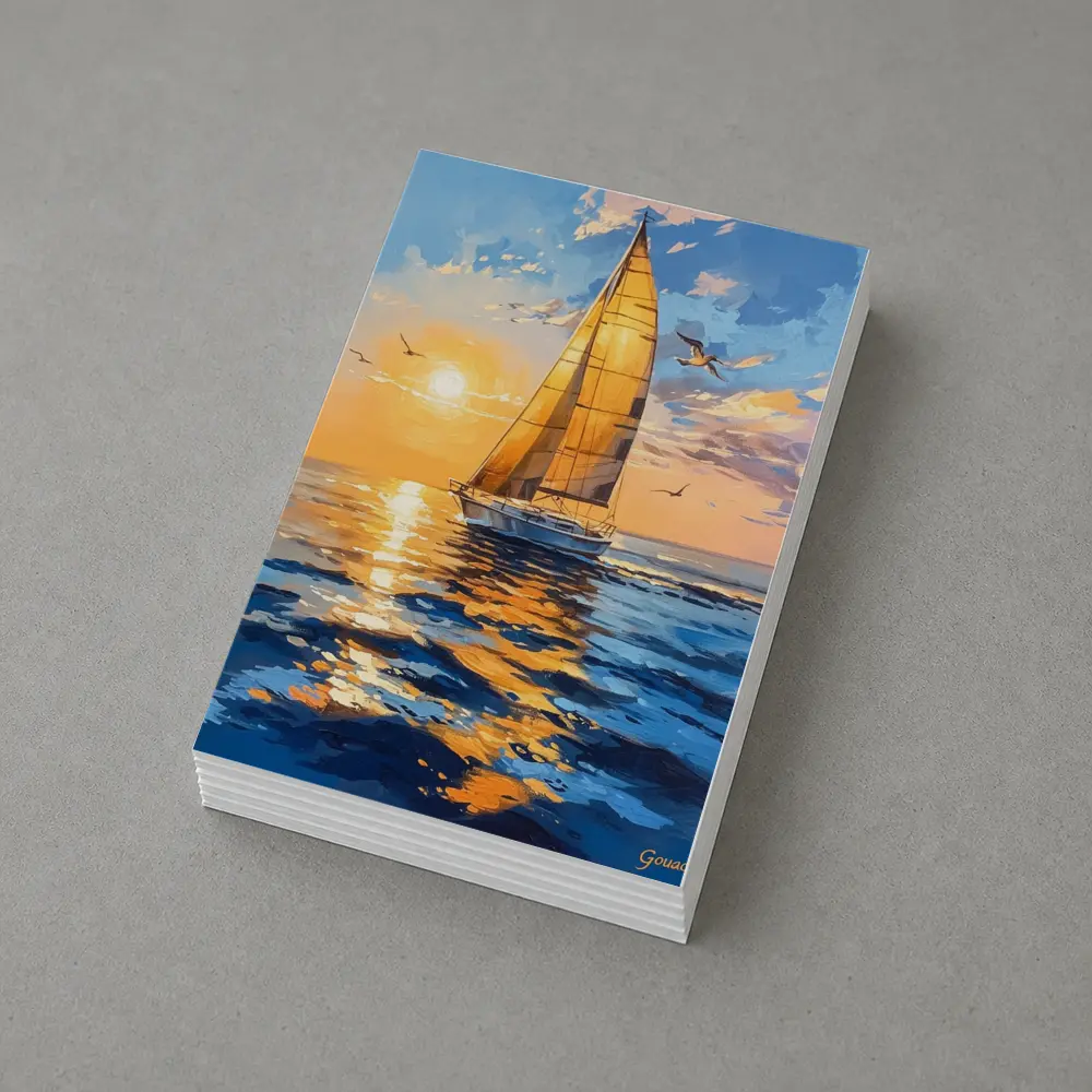 Sailboat Golden Sunset Ocean Gouache Painting – Postcards