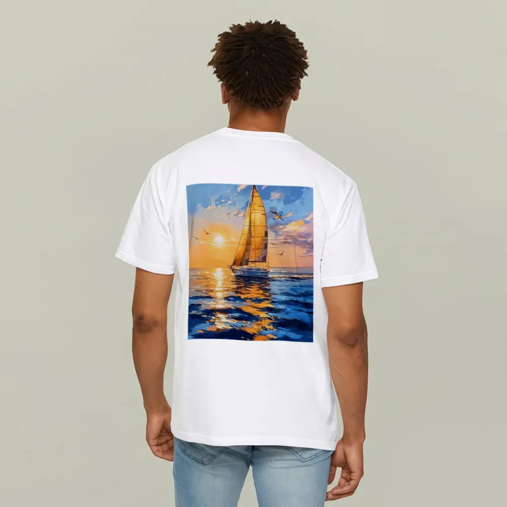 Sailboat Golden Sunset Ocean Gouache Painting – T-Shirts