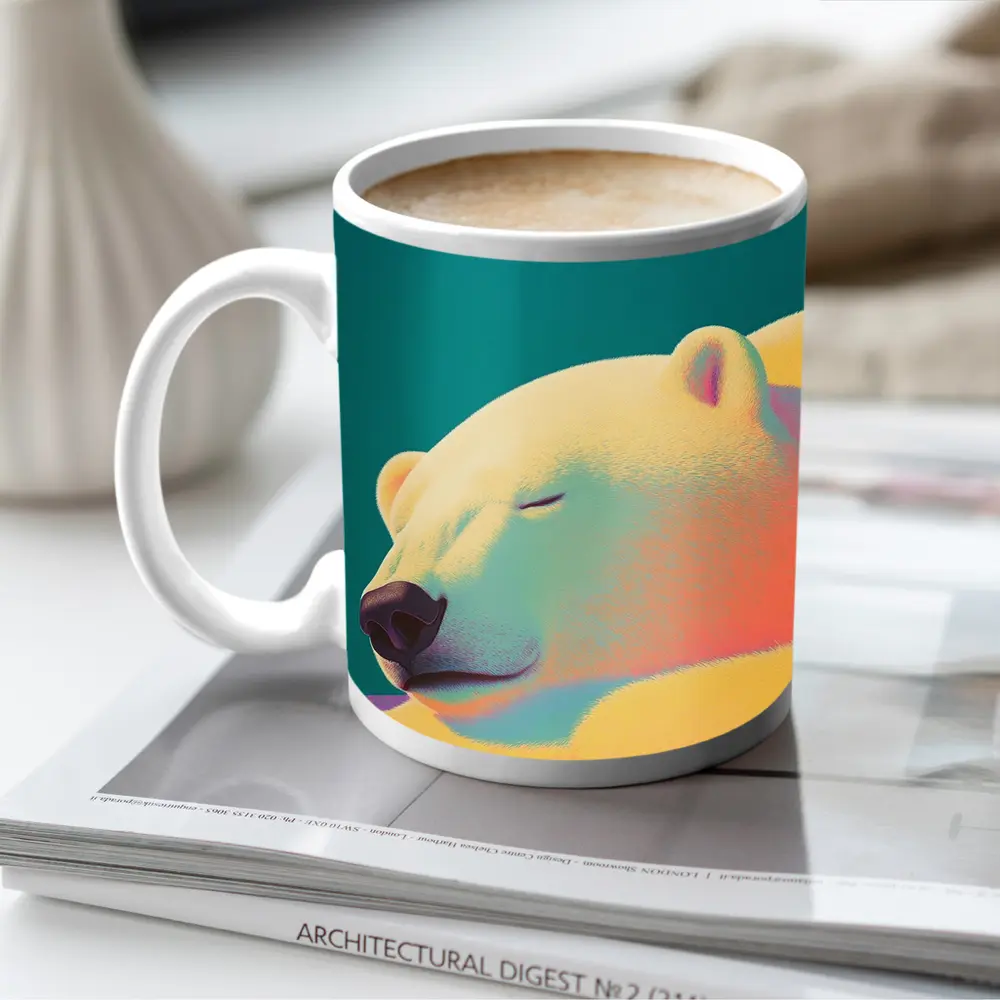 Sleeping Polar Bear Colorful Floral Background Art – Mugs