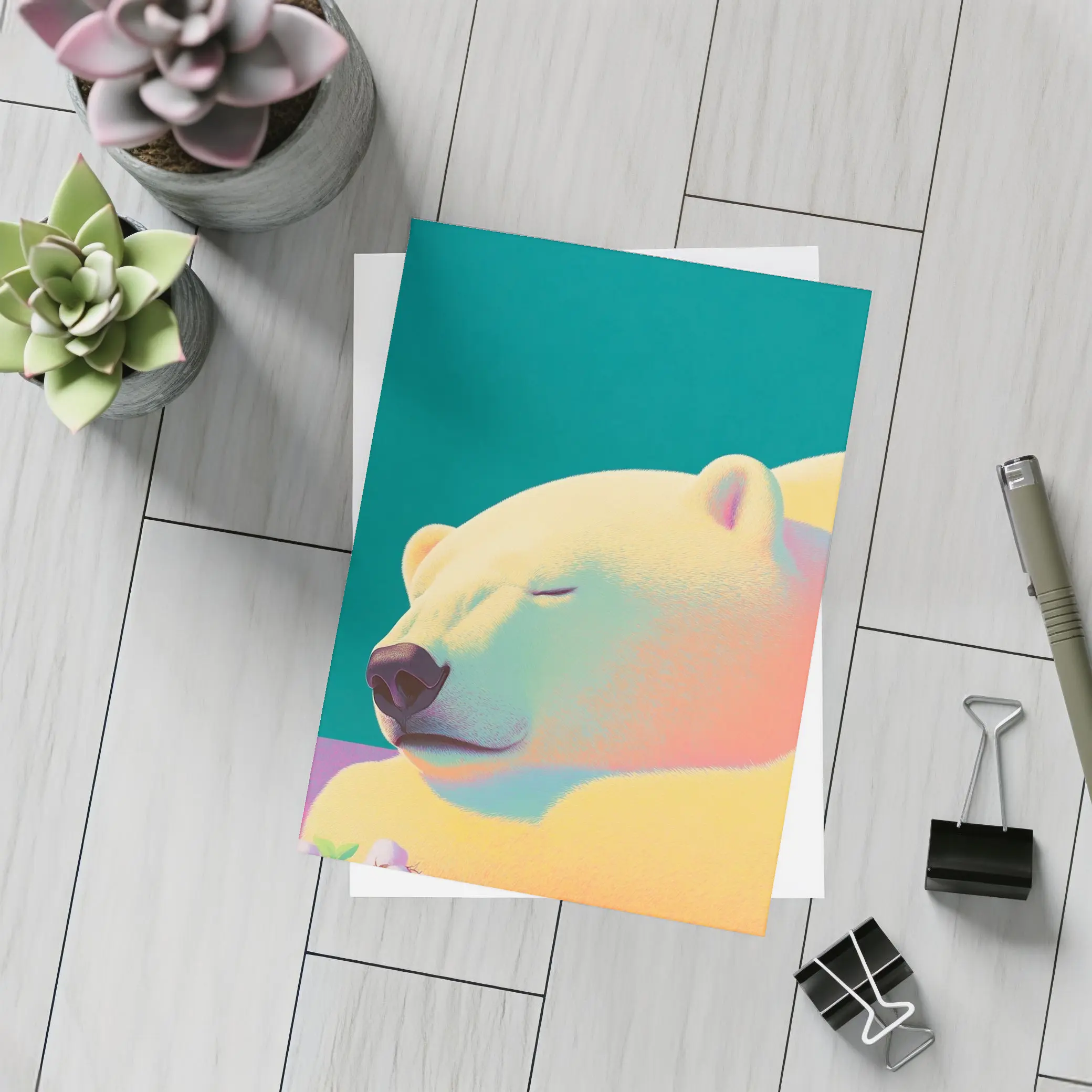 Sleeping Polar Bear Colorful Floral Background Art – Postcards