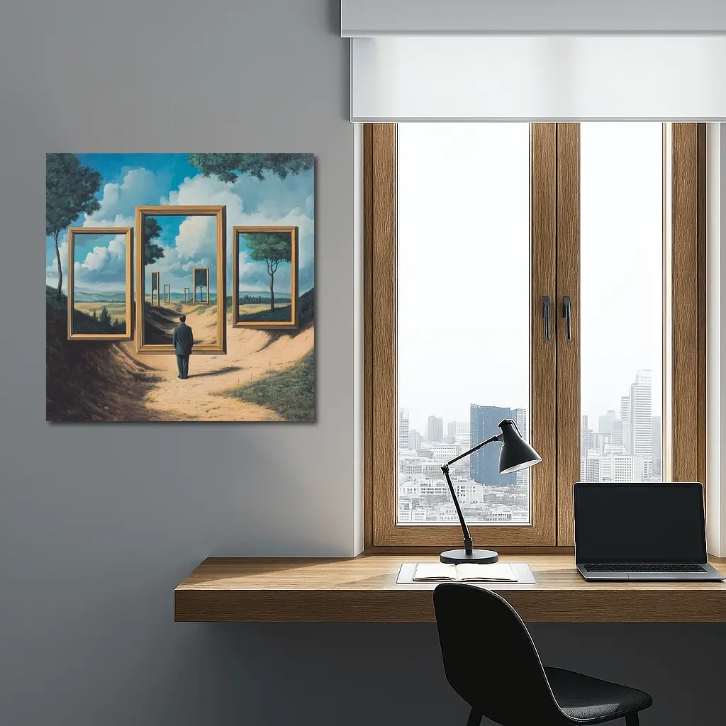 Surreal Man Standing Before Infinite Frames – Wall Art