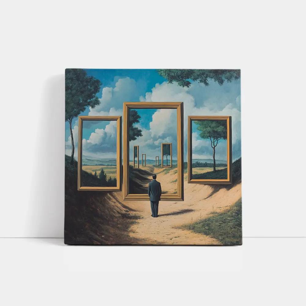Surreal Man Standing Before Infinite Frames – Wall Art