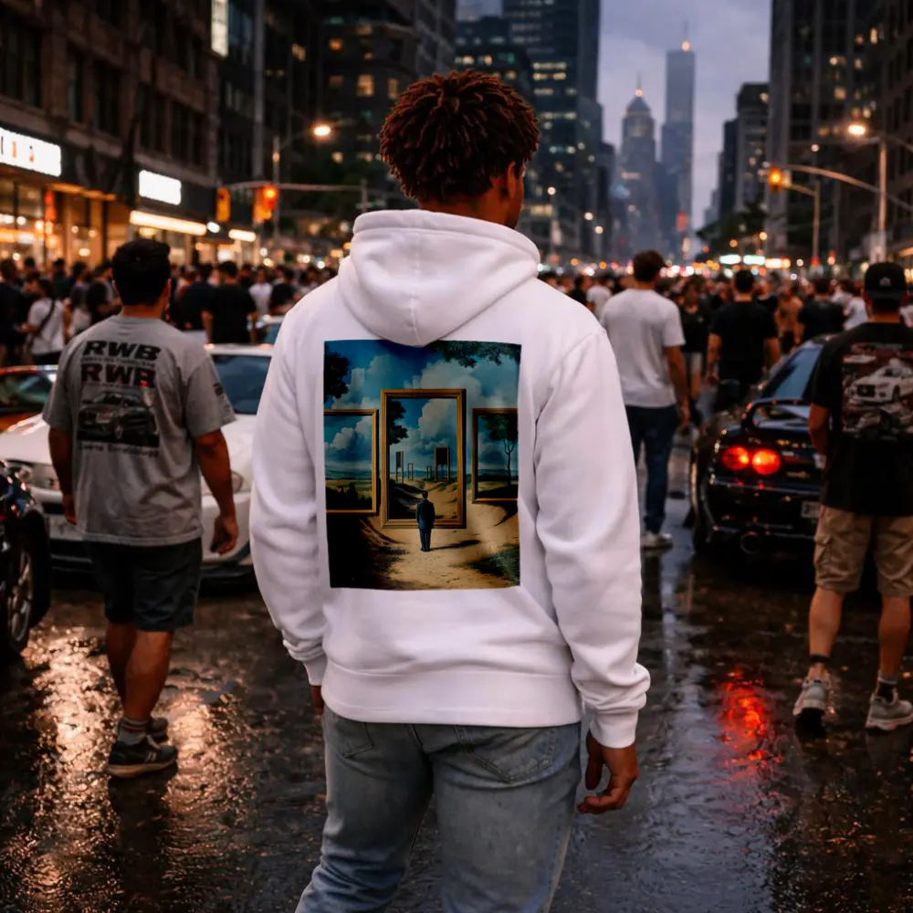 Surreal Man Standing Before Infinite Frames – Hoodies
