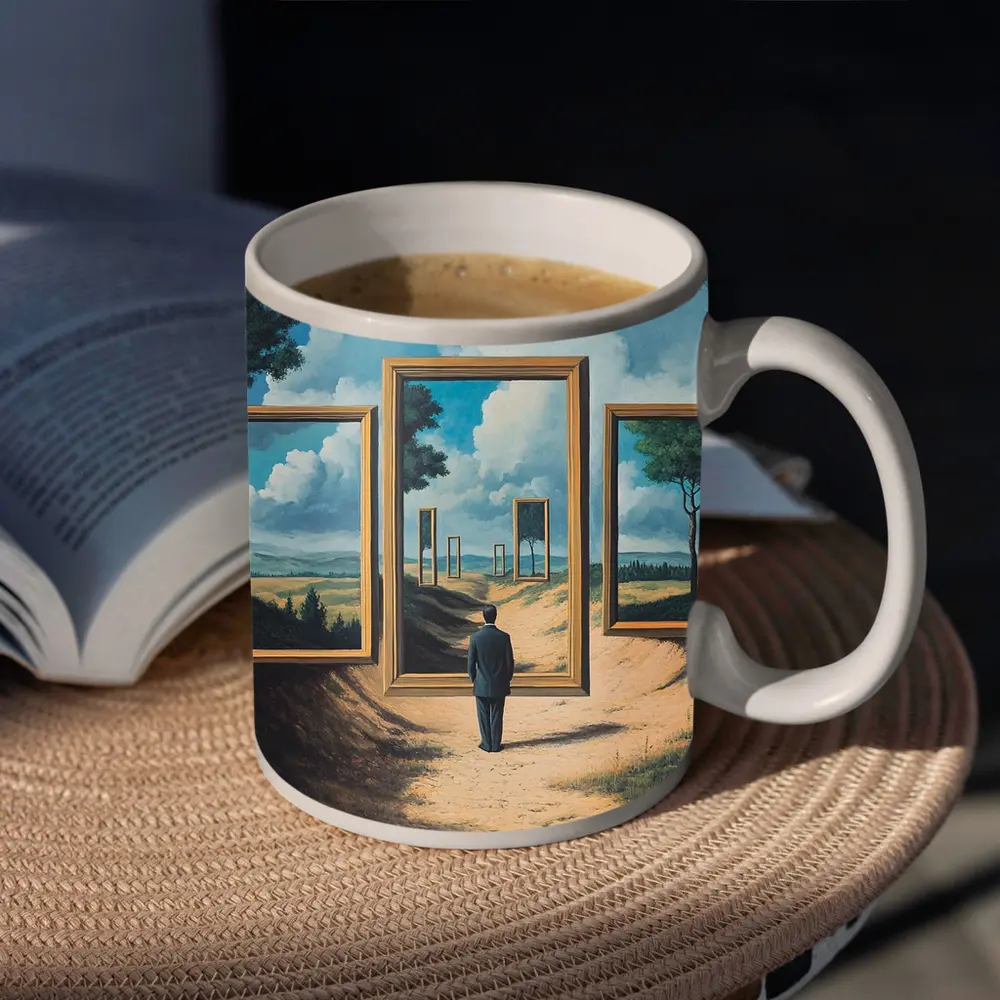 Surreal Man Standing Before Infinite Frames – Mugs