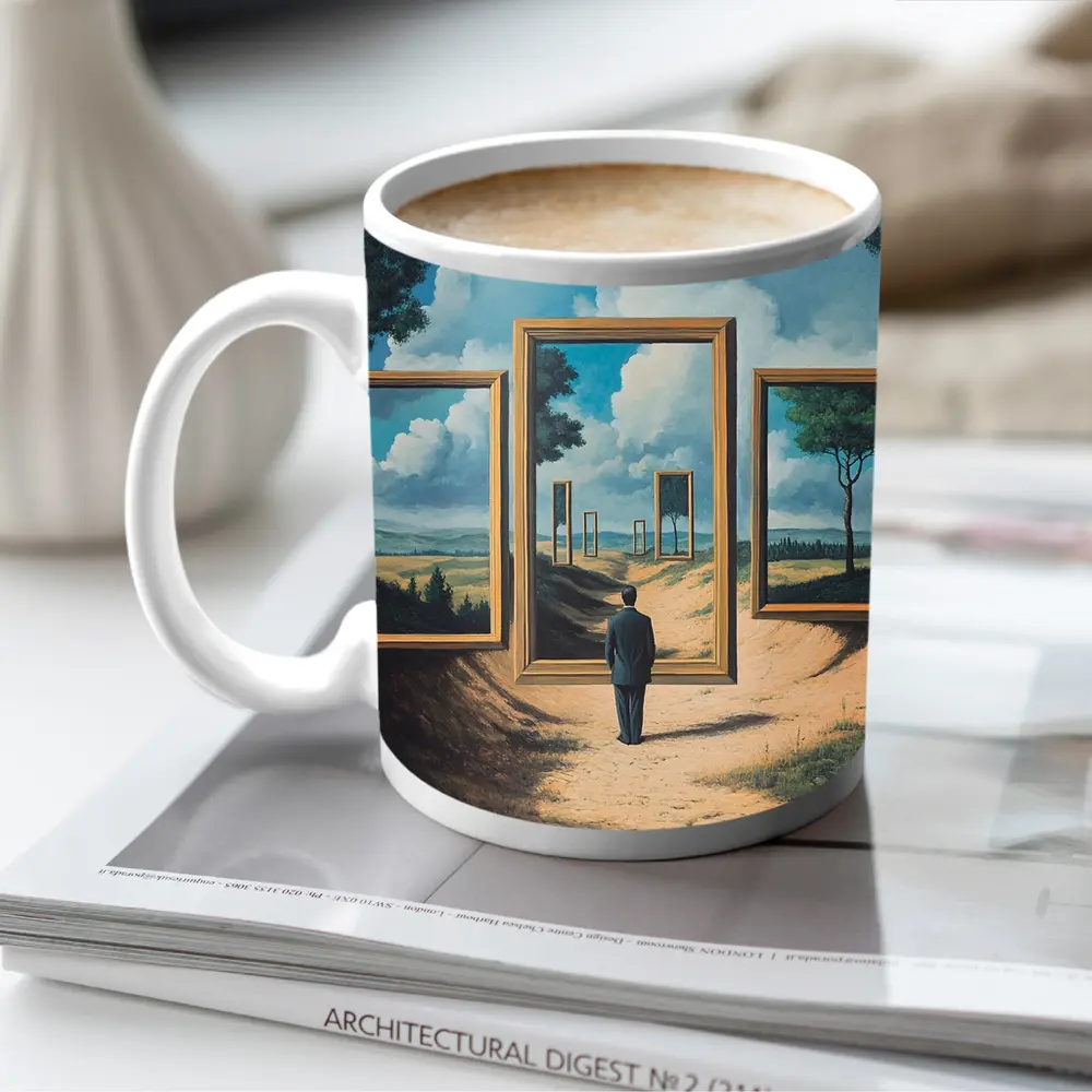 Surreal Man Standing Before Infinite Frames – Mugs