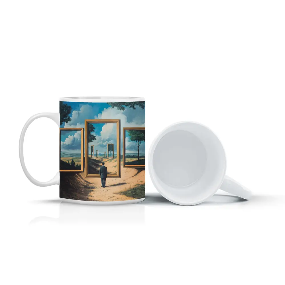 Surreal Man Standing Before Infinite Frames – Mugs