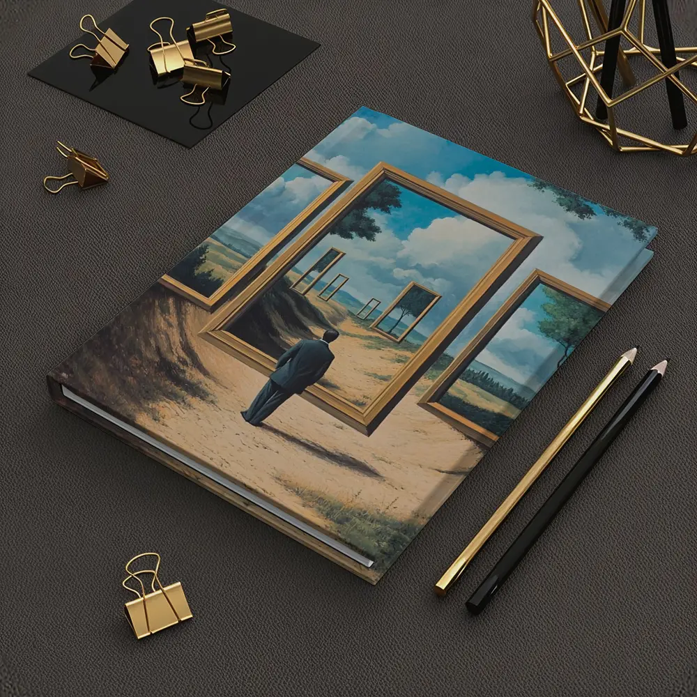 Surreal Man Standing Before Infinite Frames – Notebooks
