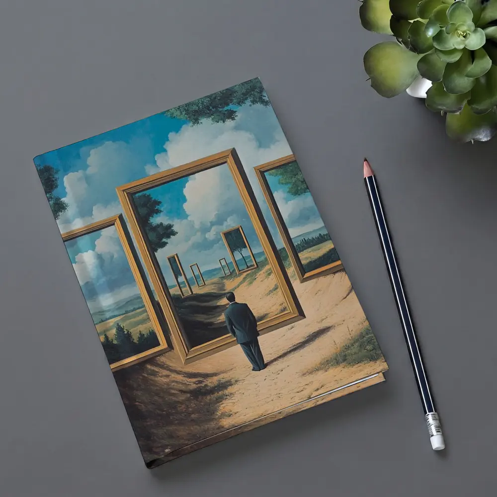 Surreal Man Standing Before Infinite Frames – Notebooks