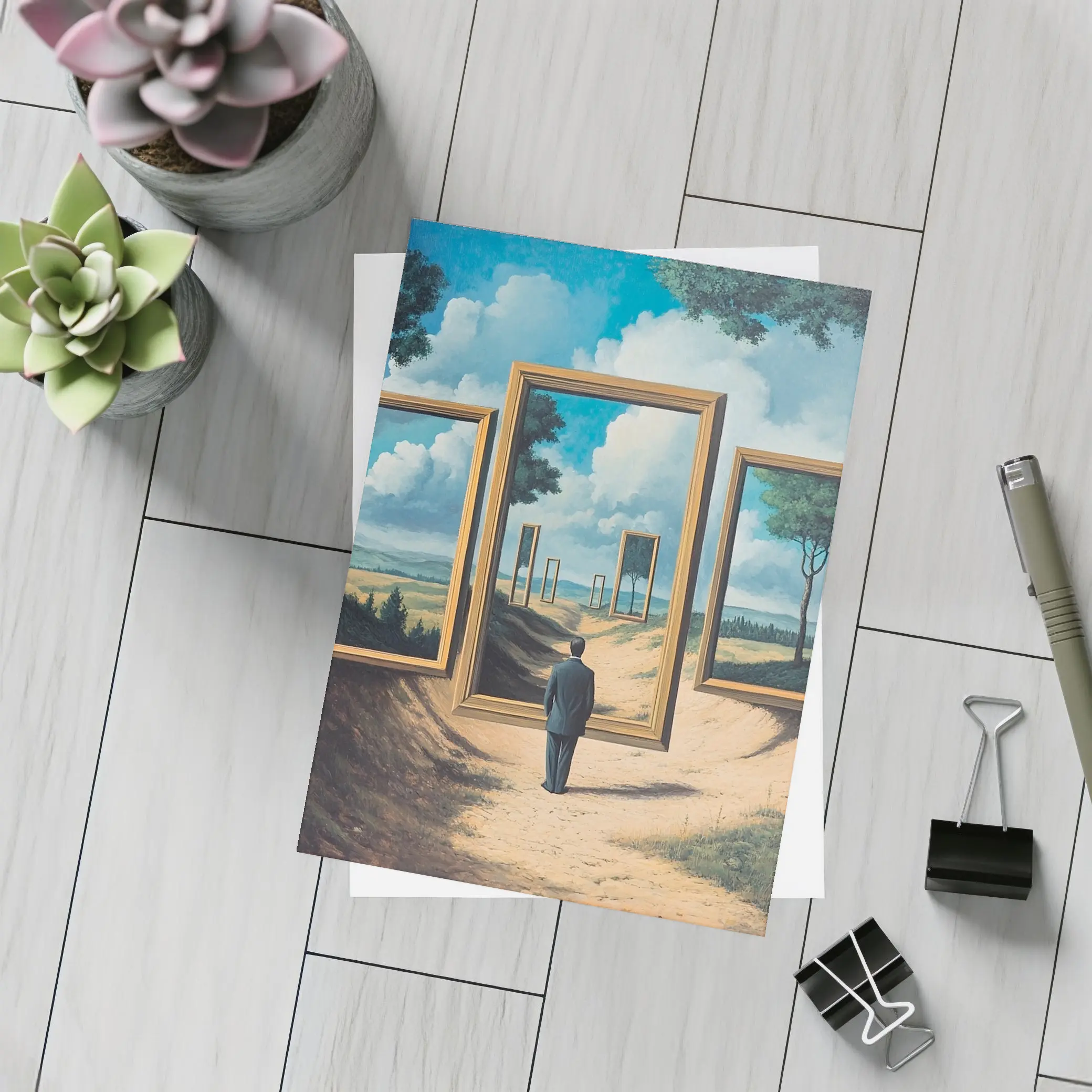 Surreal Man Standing Before Infinite Frames – Postcards