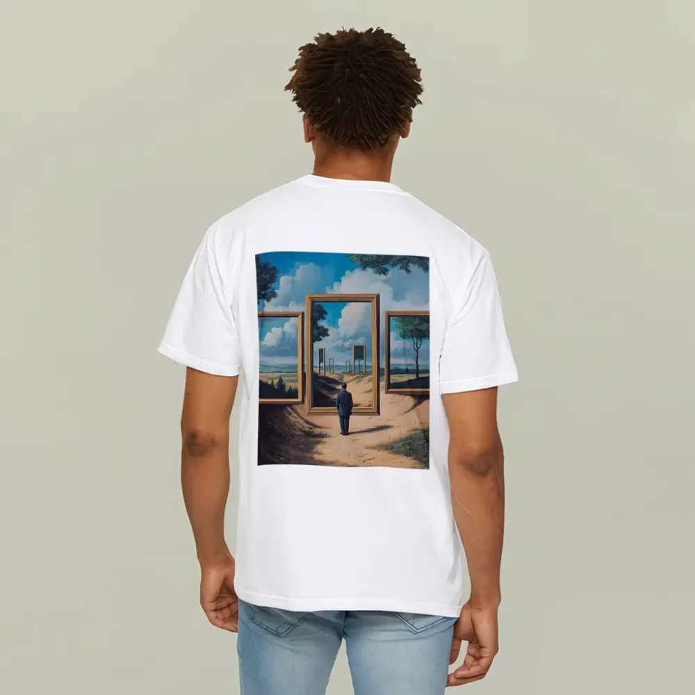 Surreal Man Standing Before Infinite Frames – T-Shirts