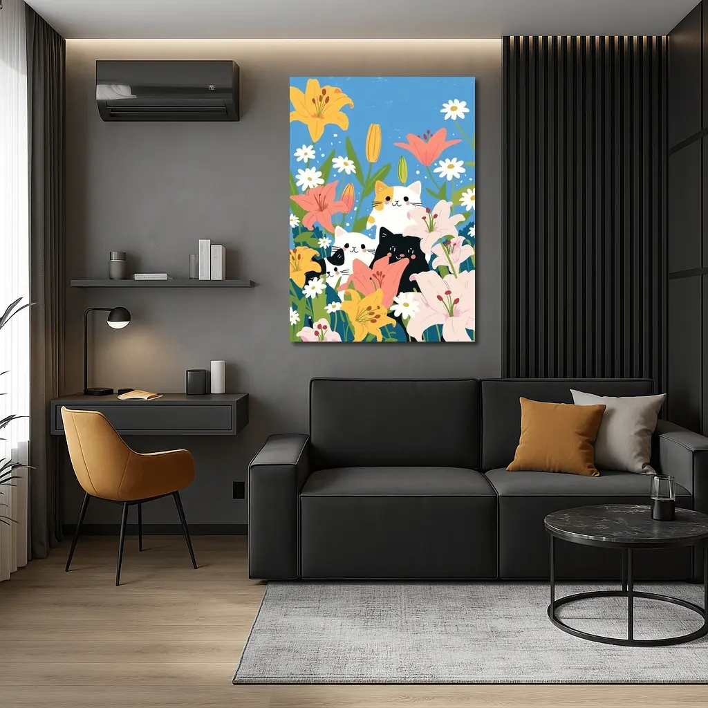 Cute Cats Among Lilies Floral Garden – Wall Art