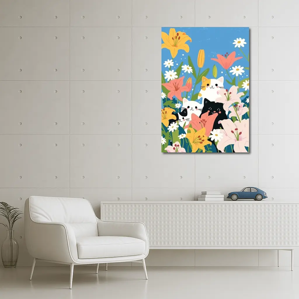 Cute Cats Among Lilies Floral Garden – Wall Art