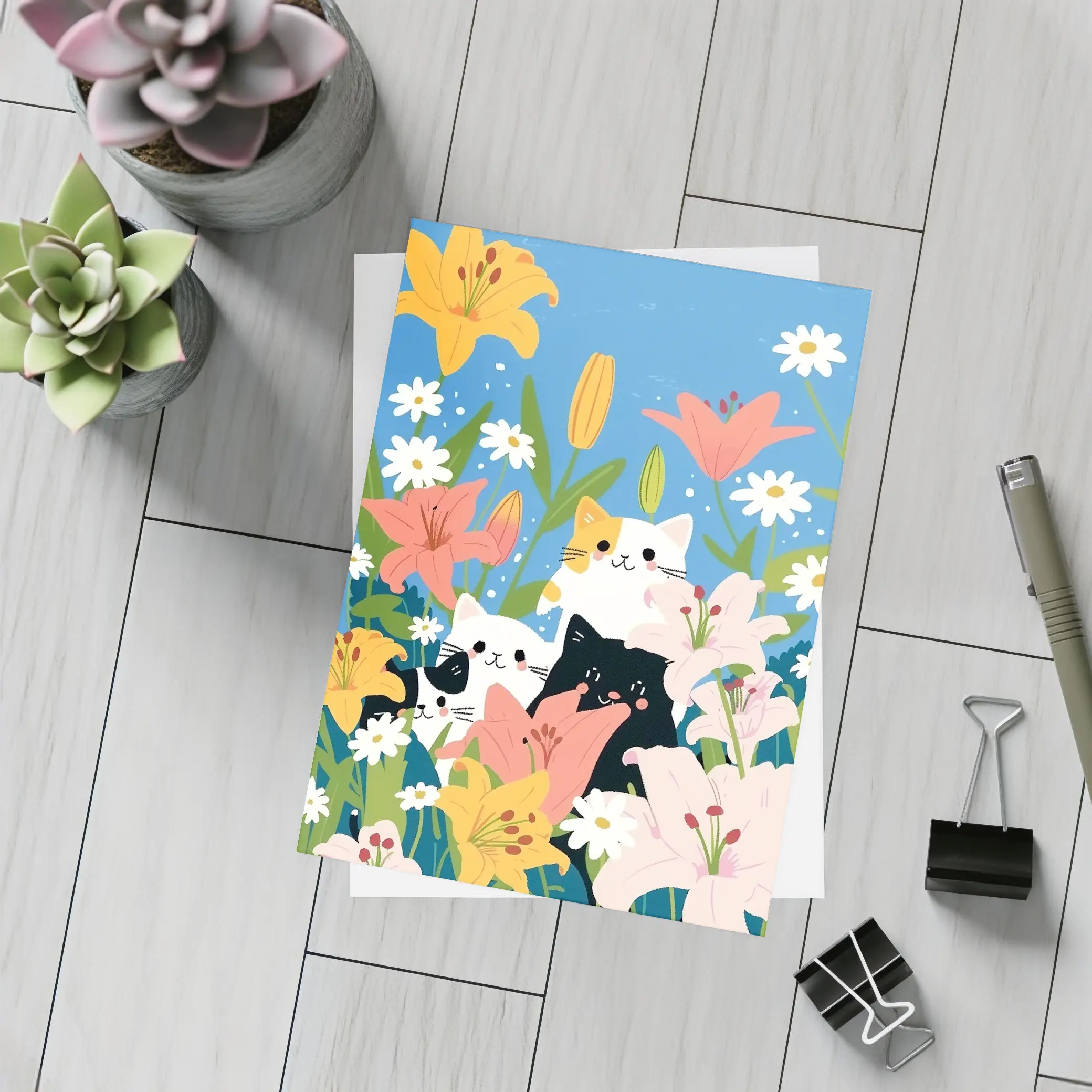 Cute Cats Among Lilies Floral Garden – Postcards