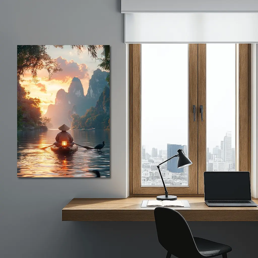 Fisherman Rowing Boat Karst Mountains Sunset – Wall Art