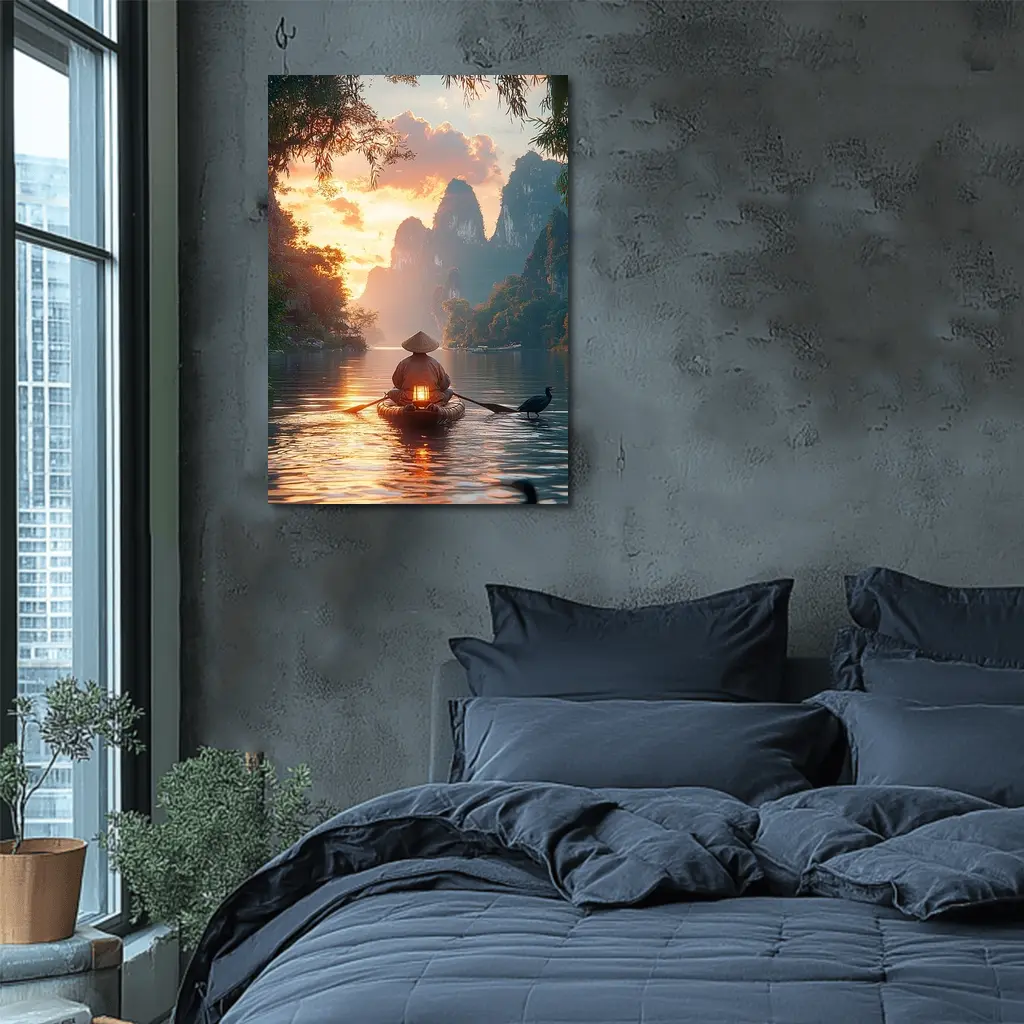 Fisherman Rowing Boat Karst Mountains Sunset – Wall Art