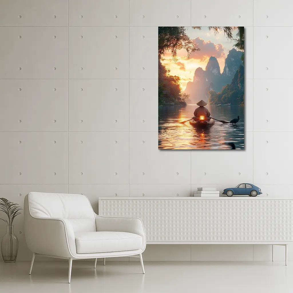 Fisherman Rowing Boat Karst Mountains Sunset – Wall Art