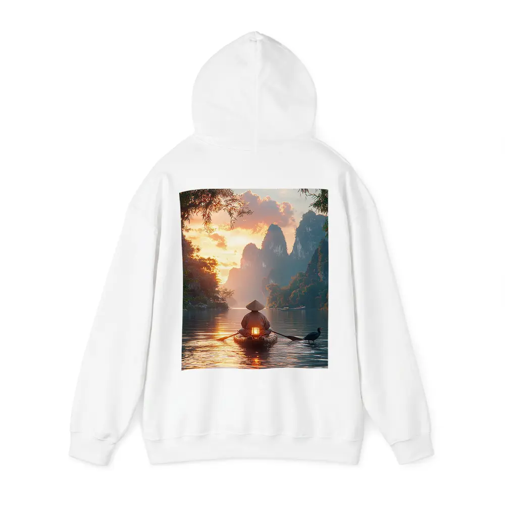 Fisherman Rowing Boat Karst Mountains Sunset – Hoodies