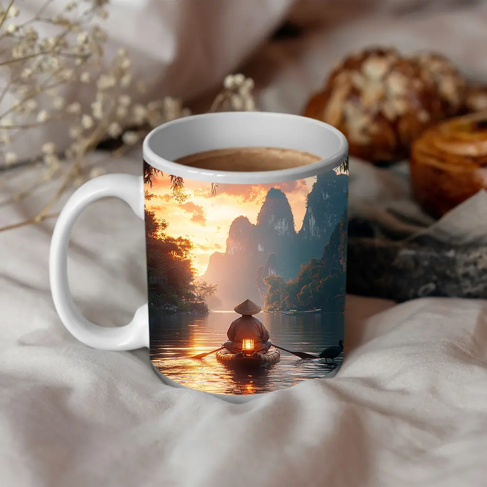 Fisherman Rowing Boat Karst Mountains Sunset – Mugs