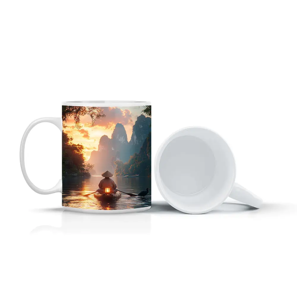 Fisherman Rowing Boat Karst Mountains Sunset – Mugs