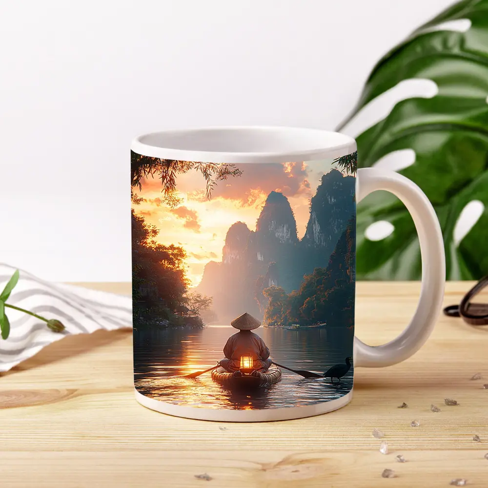 Fisherman Rowing Boat Karst Mountains Sunset – Mugs