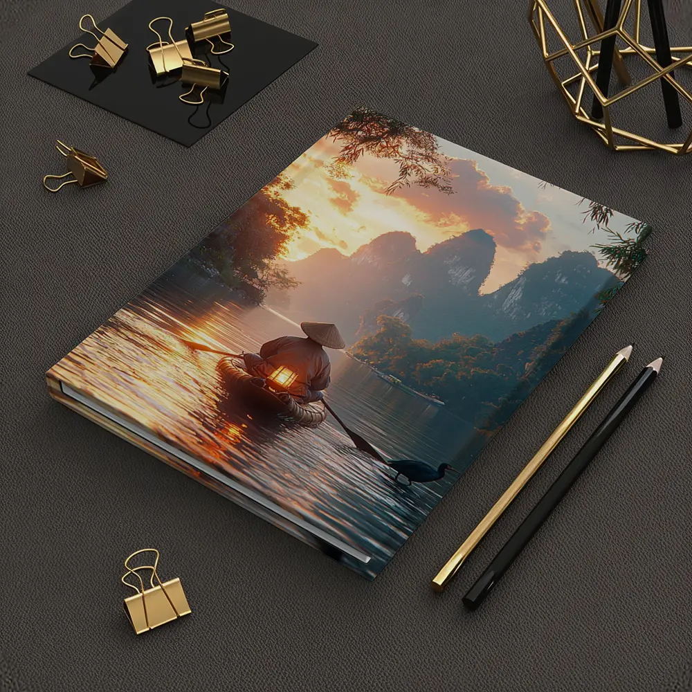 Fisherman Rowing Boat Karst Mountains Sunset – Notebooks