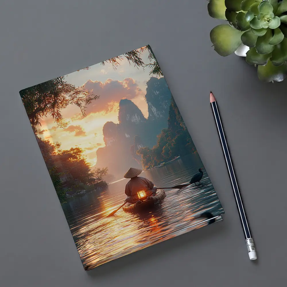 Fisherman Rowing Boat Karst Mountains Sunset – Notebooks