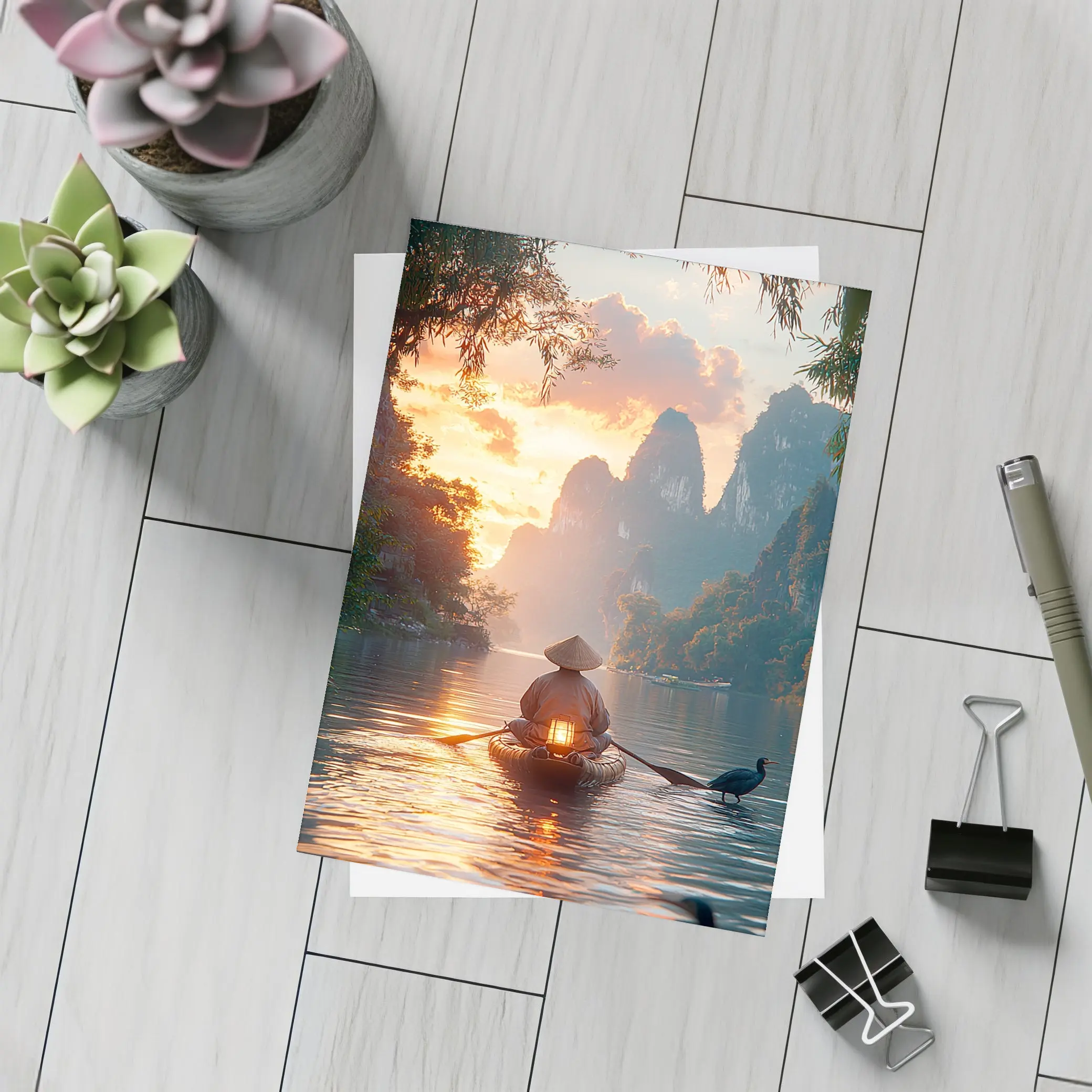 Fisherman Rowing Boat Karst Mountains Sunset – Postcards