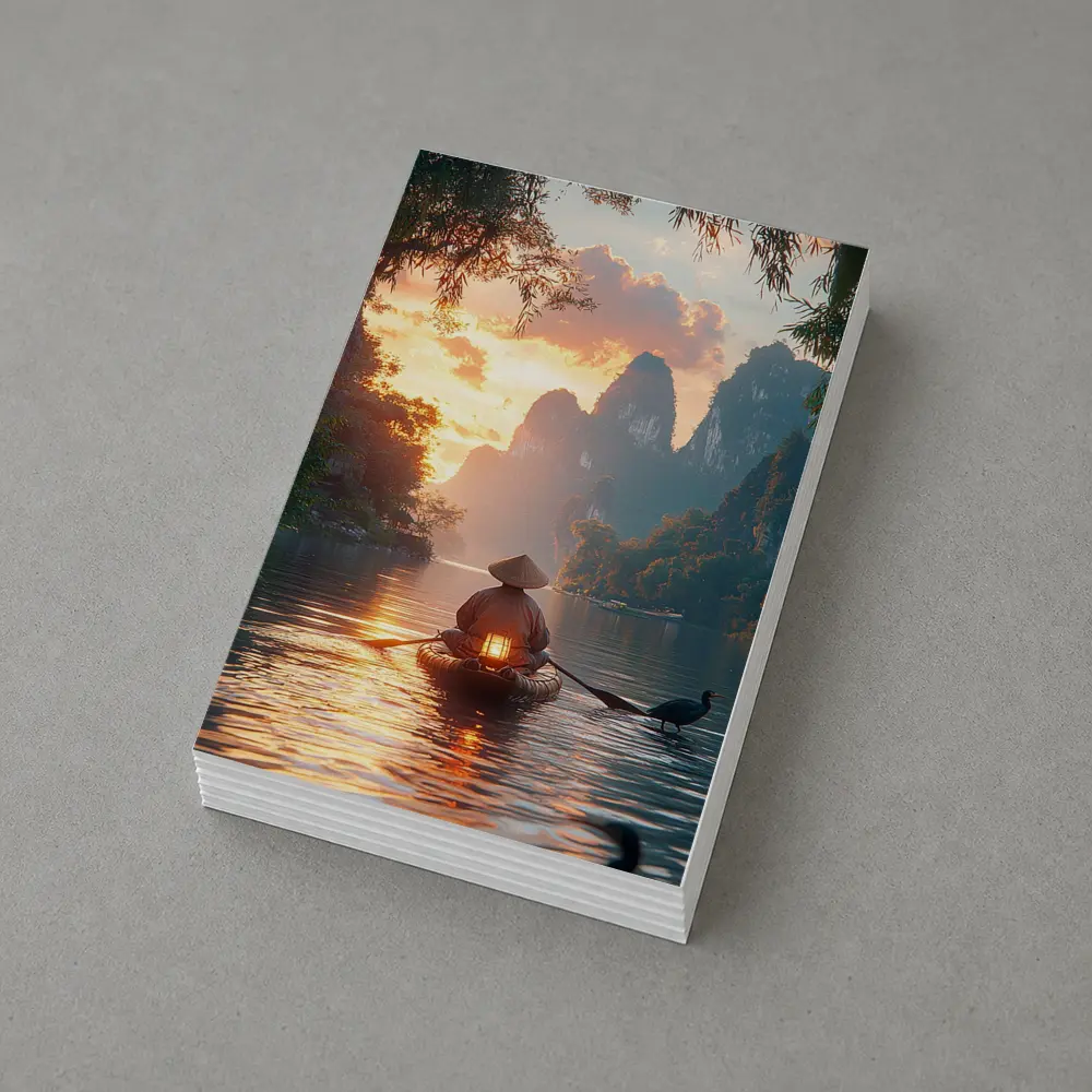 Fisherman Rowing Boat Karst Mountains Sunset – Postcards