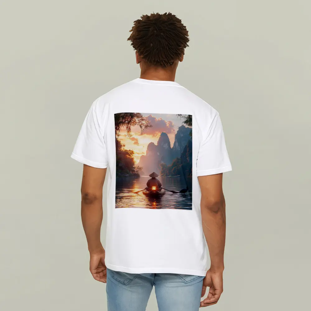 Fisherman Rowing Boat Karst Mountains Sunset – T-Shirts