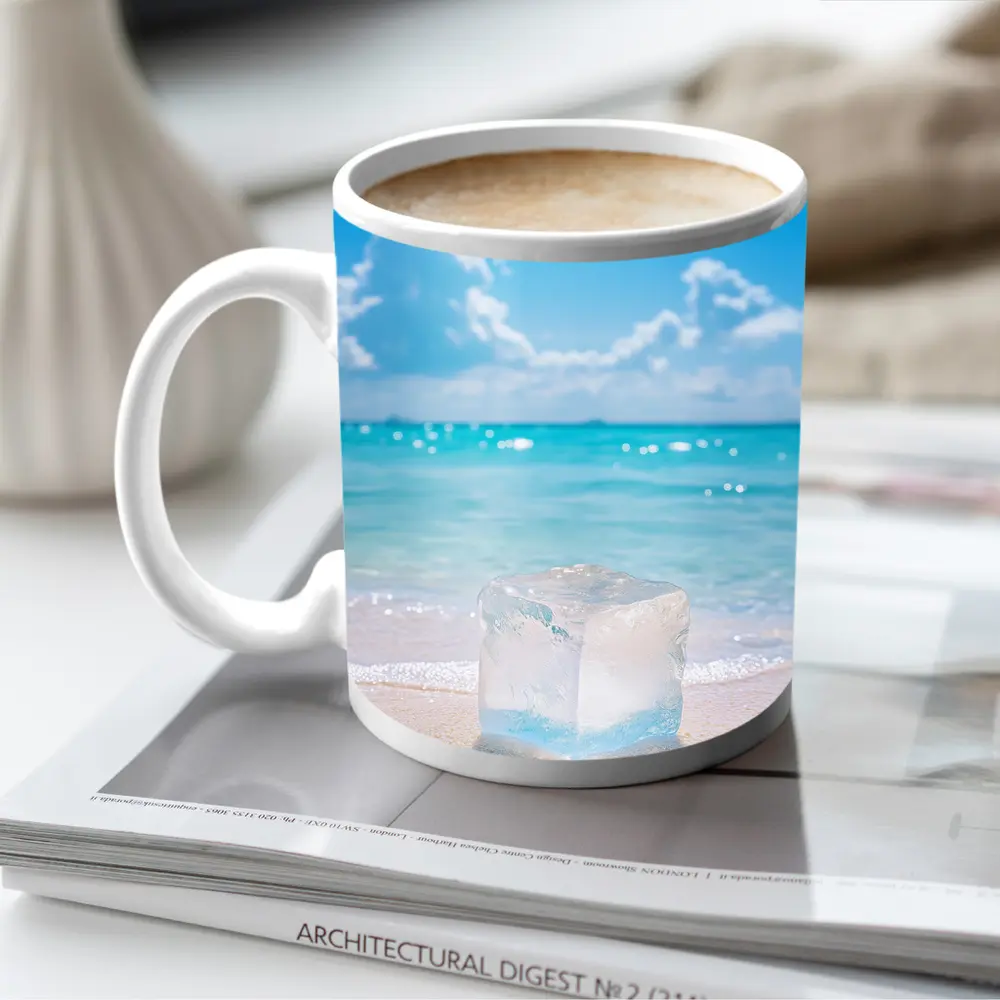 Ice Cube On Sunny Tropical Beach Shore – Mugs