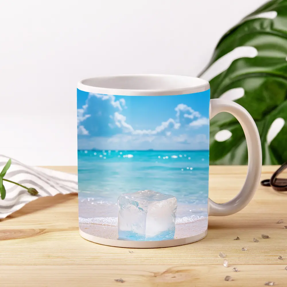 Ice Cube On Sunny Tropical Beach Shore – Mugs