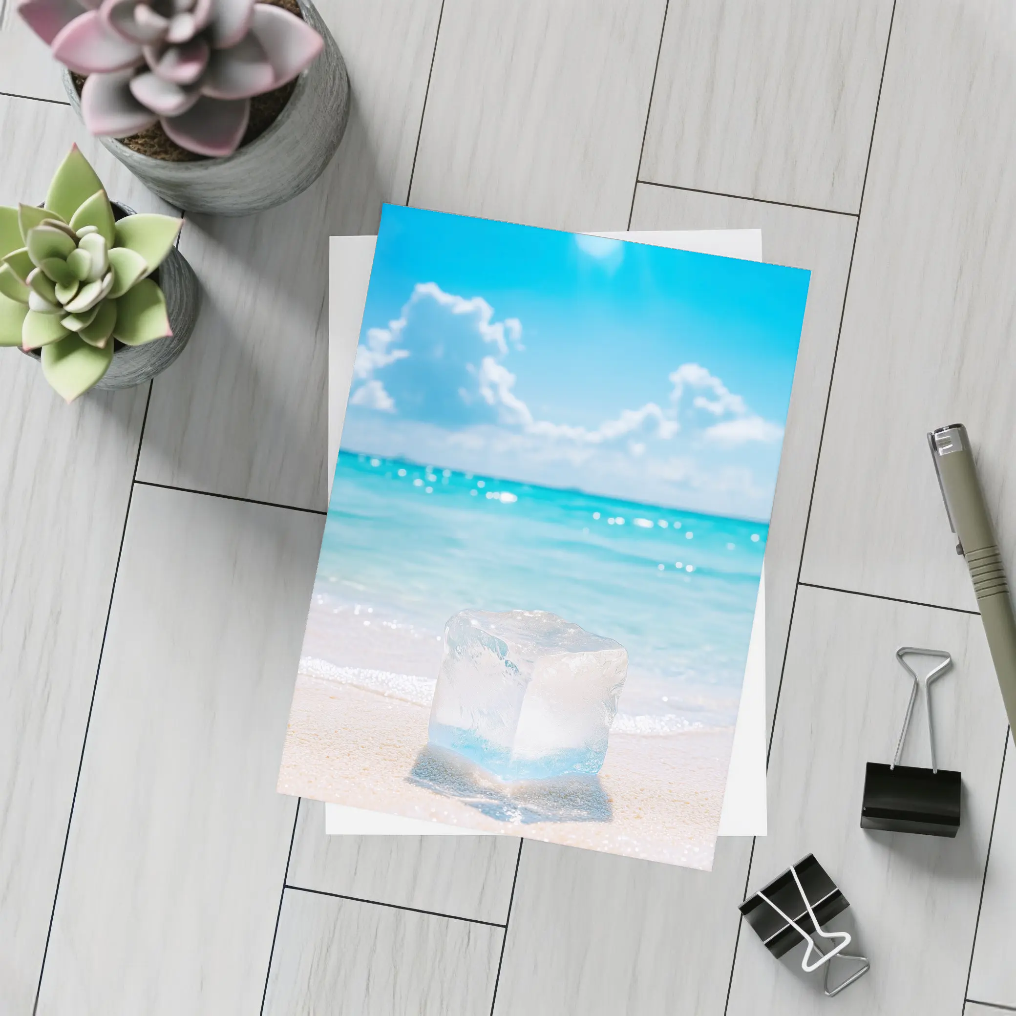 Ice Cube On Sunny Tropical Beach Shore – Postcards