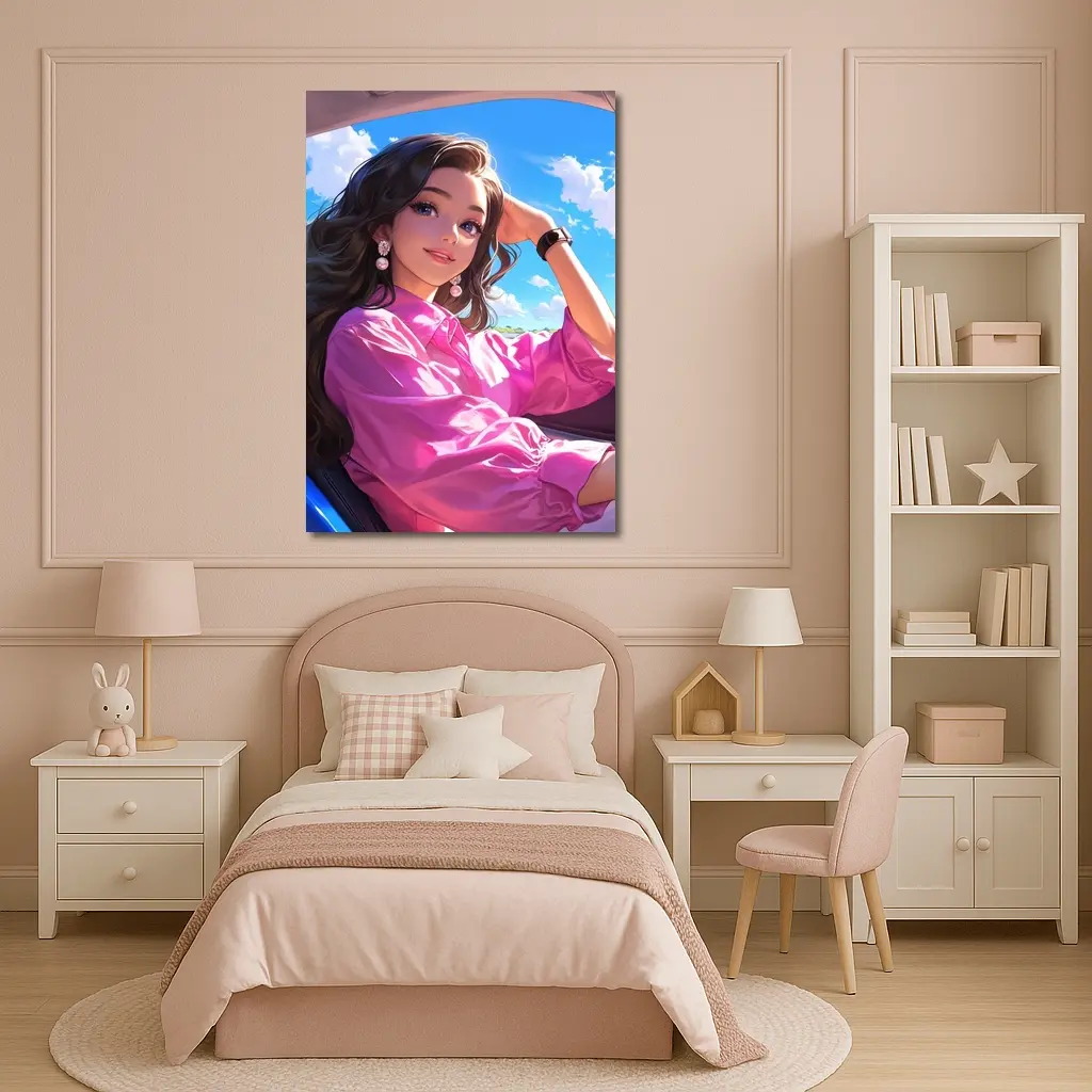 Anime Girl Pink Shirt Blue Sky – Wall Art
