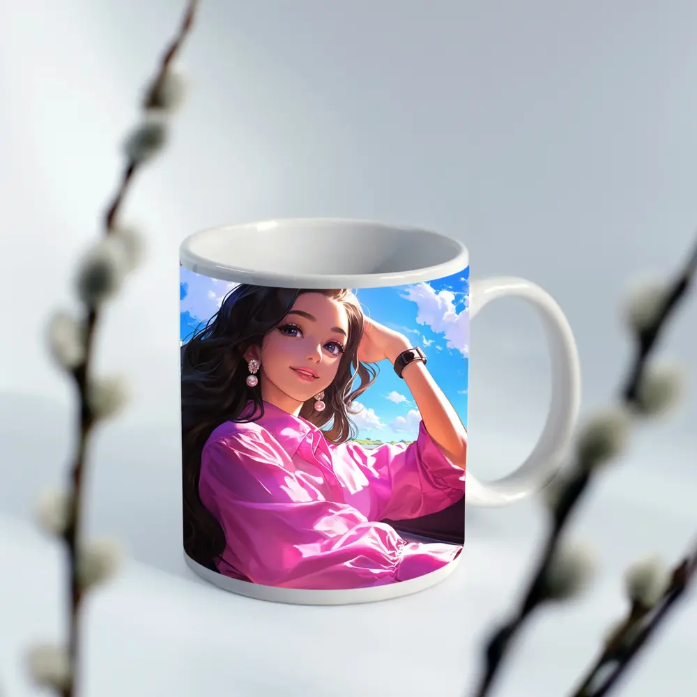 Anime Girl Pink Shirt Blue Sky – Mugs
