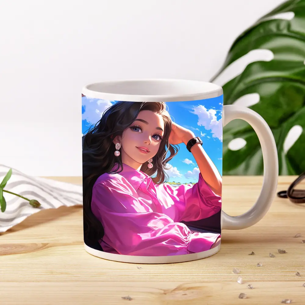 Anime Girl Pink Shirt Blue Sky – Mugs